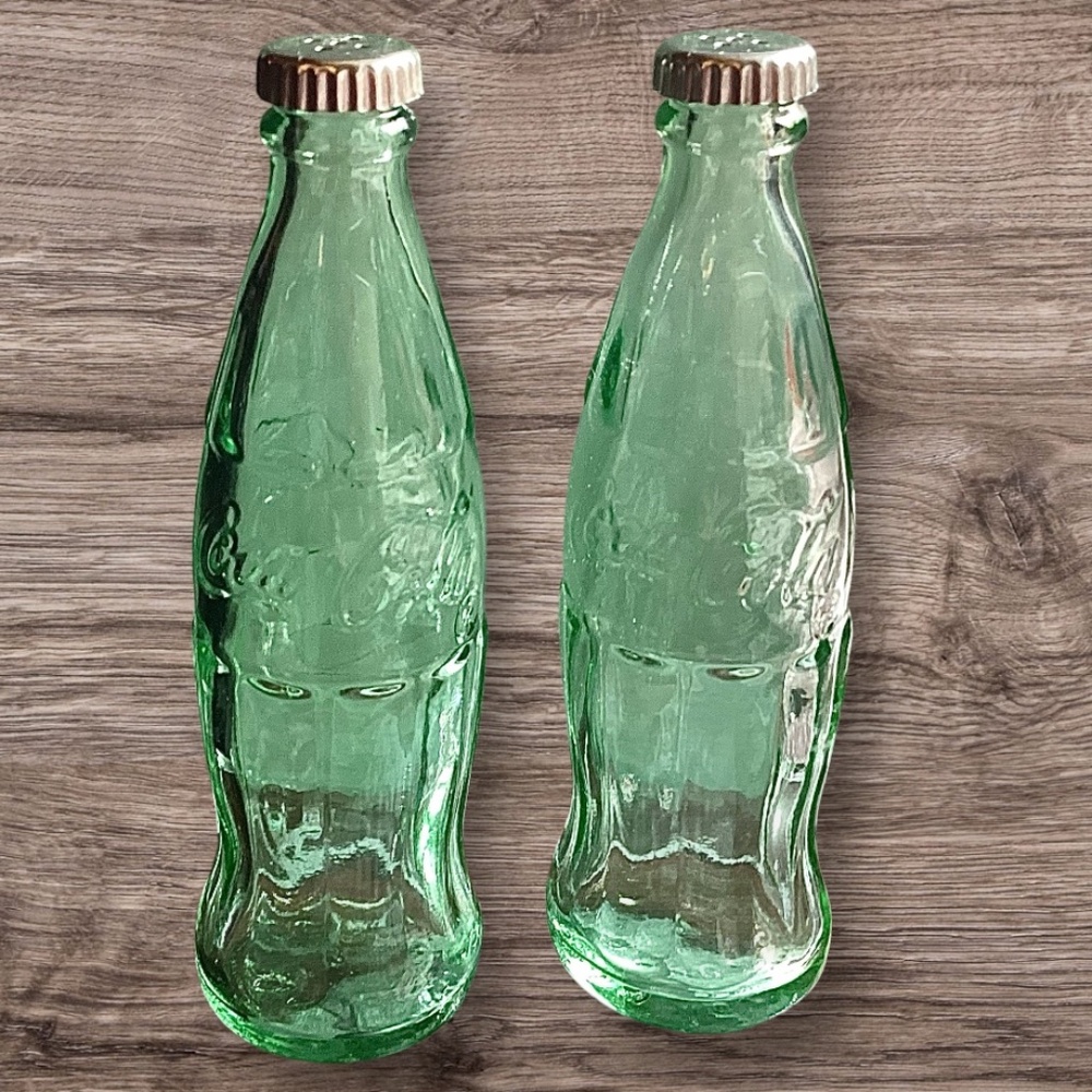 Vintage Coca Cola Mini 4.5" Green Glass Salt & Pepper Shakers, Metal Lids
